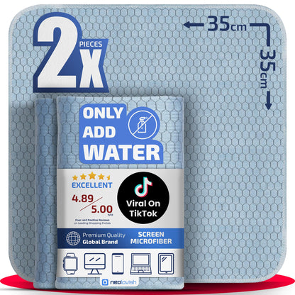 NeoLavish® - Screen Cleaner - Just Add Water - 2 Pack 35x35 cm - Microfibre Cleaning Kit for LCD, LED, OLED TV, Laptop, Phone, iPad, Monitor, and All Devices - Lint-Free, Streak-Free Cloths, Reusable