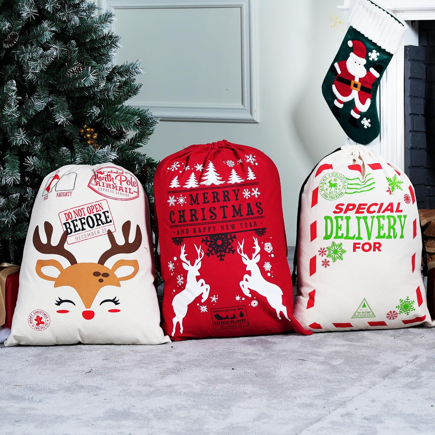JOYIN 3 Packs Santa Sack, Large Christmas Canvas Gift Bag with Drawstring 26" x 19" for Hoilday Party Supplies, Reusable Personalized Best Gift for Xmas Package Storage, Christmas Event Party Favors