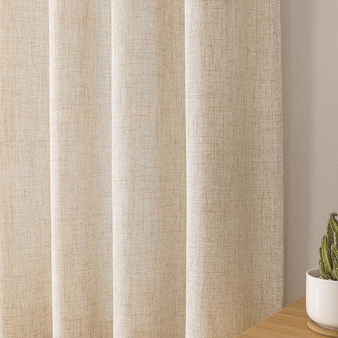 Tollpiz Linen Curtain Bedroom Rod Pocket Semi Sheer Curtains Burlap Light Filtering Thick Linen Drape for Living Room, 54 x 63 inches Long, Natural, Set of 2 Panels