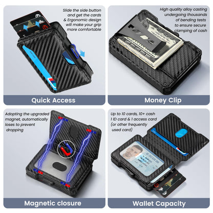 Airzoo Wallet for Men, RFID Blocking Slim Mens Wallet with Money Clip, Minimalist Pop Up Card Case, ID Window, 9-11Cards Capacity, Bifold Leather Front Pocket Wallet with Gift Box (Black-Carbon Fiber)