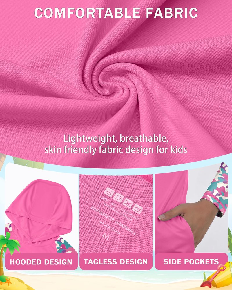 DRONIRING Boys Rash Guard Swim Hoodie, UPF 50+ UV Sun Protection Long Sleeve Fishing Shirt, Kids Youth SPF Water Shirts Deep Pink