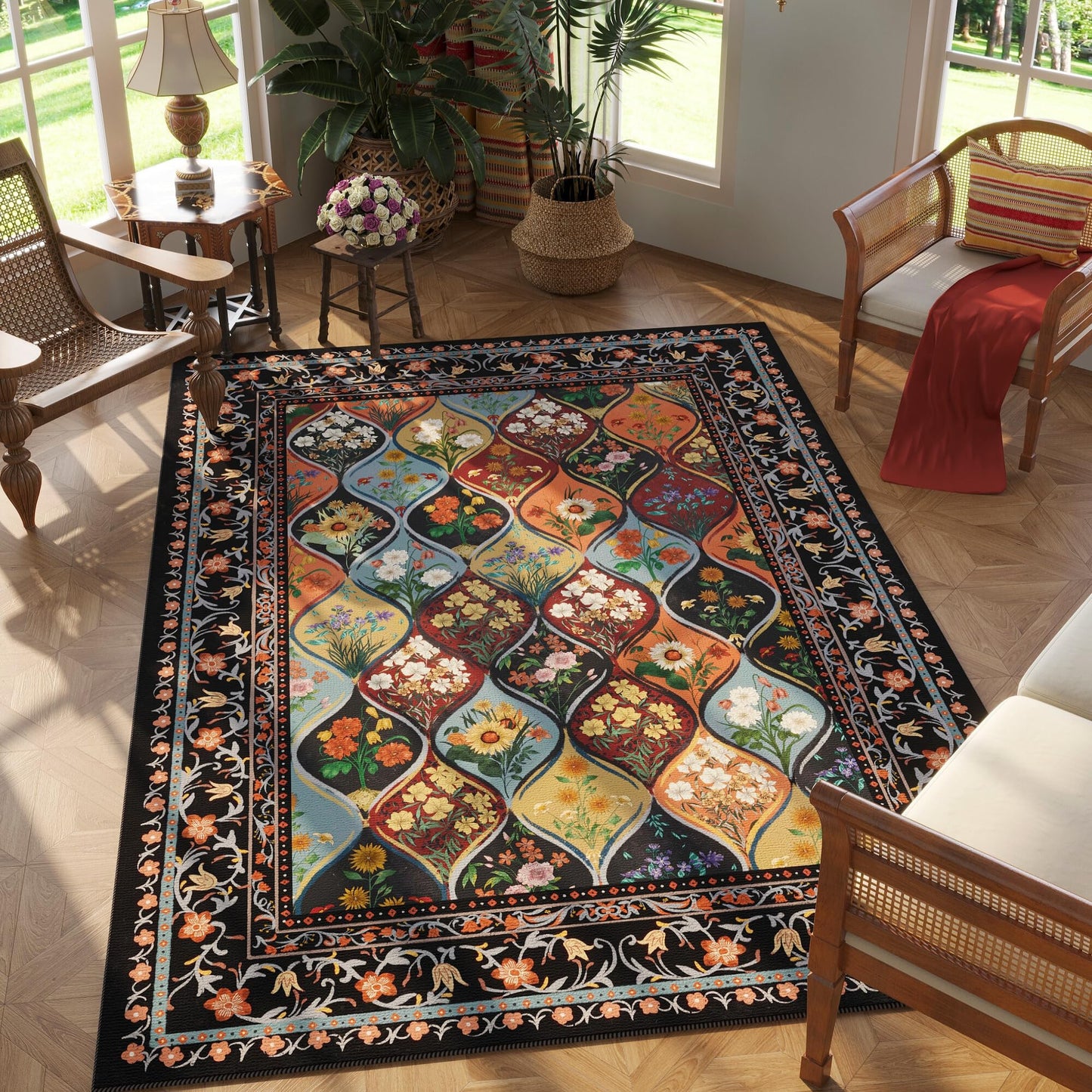 Vowkten Bohemian Geometric Floral Area Rugs 5x7, Machine Washable, Low Pile Soft Carpet, Non-Slip for Living Room, Bedroom, Dining Room, Farmhouse, Kids Playroom, Office | Black
