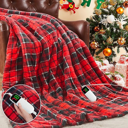 OCTROT Heated Blanket Electric Throw 50X60, Christmas Heating Throw Gift with 10 Heating Levels & 8 Hours Auto Off, Red Plaid Checkered Sherpa Blanket Warmer for Adults, Couch Bed Office Use