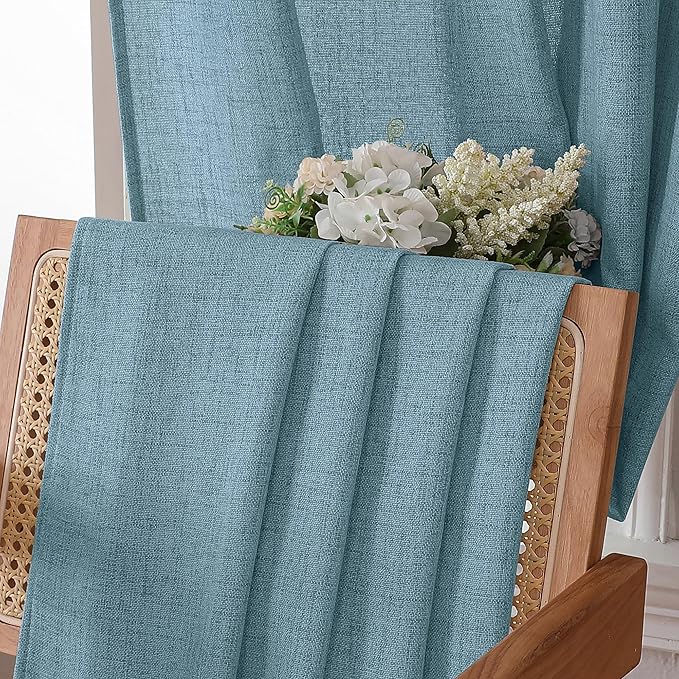Tollpiz Short Linen Tier Curtains Rod Pocket Semi Sheer Half Kitchen Curtain Burlap Light Filtering Thick Linen Drapes for Bathroom, 30 x 24 inches Long, Dusty Blue, Set of 2 Panels