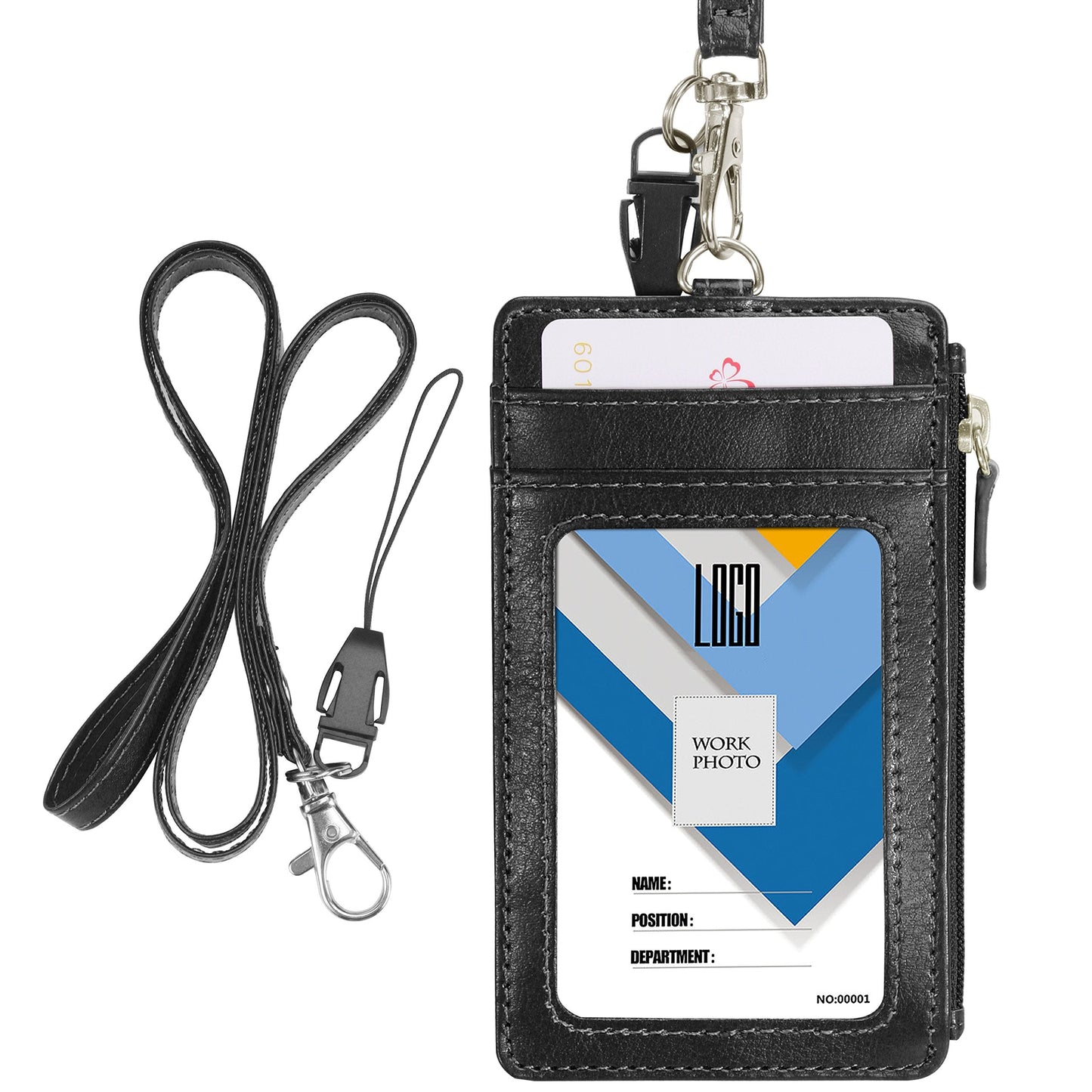 Badge Holder with Zipper, Wisdompro School Supply 2-Sided PU Leather College ID Badge Holder with 1 ID Window, 4 Card Holder Slots, 1 Side Pocket and 20 Inch Leather Neck Strap Lanyard -Vertical Black