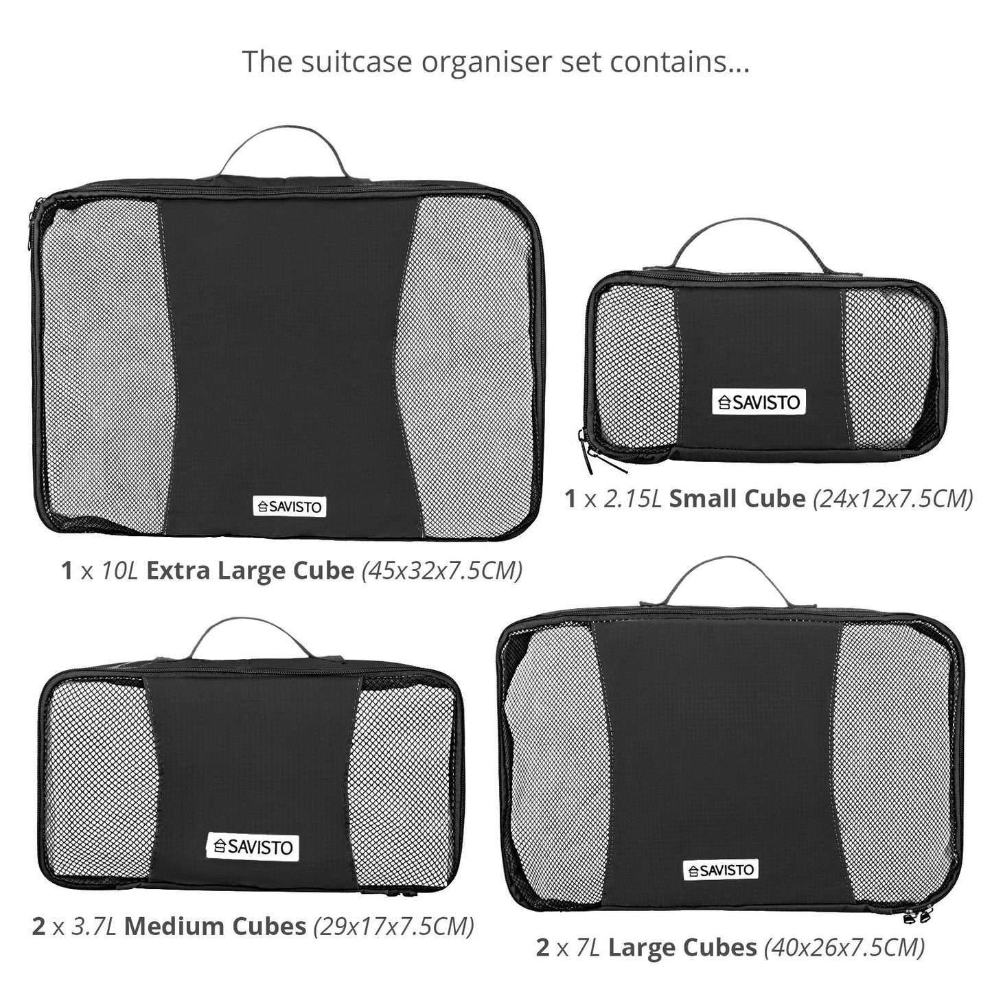 Savisto Packing Cubes 6 Piece Set, Durable & Lightweight Travel Essentials For Suitcases - Includes 1 XL, 2 L, 2 M, 1 S - Available in 8 Stylish Colours - Black