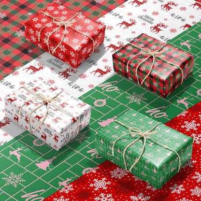 MotiGiftie Christmas Wrapping Paper for Kids Adults - Xmas Wrapping Paper with Red/Green Plaid, Reindeer, Snowflakes, “Ho Ho” Xmas Trees - 20 x 28 Inches, 8 Folded Sheets, Easy to Store