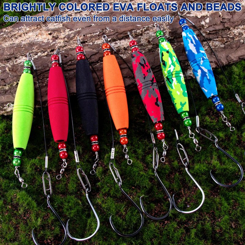 Alwonder 5-Pack Catfish Float Rigs, Catfishing Tackle Bobbers High Buoyancy Body with 8/0 Circle Hooks, Green Chunky Rigs Catfish Equipment Cat Fishing Gear Rig for Bank Fishing