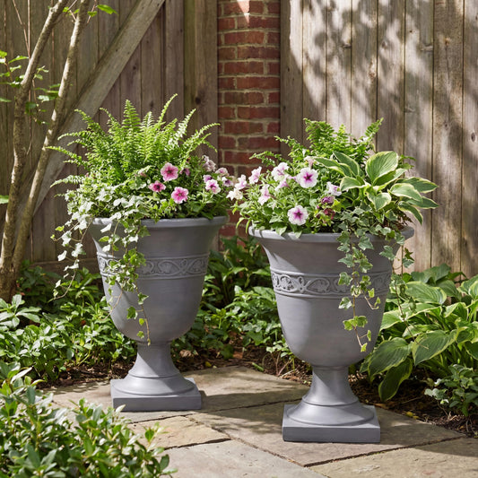 Christopher Knight Home Sical Round Concrete Planter Set of 2, 2 Pack Garden Flower Pot with Drainage Hole, MGO Patio Urn Planter for Outdoor Plants, Outdoor Planter Box, No Assembly, Light Gray