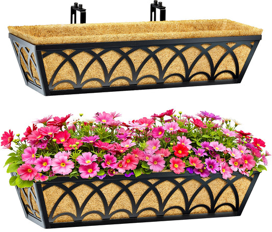 24 Inch Railing Planter Box Window Boxes Planters - 2 Pack Deck Railing Planter Boxes with Adjustable Brackets Coco Liners Balcony Planters Railing Hanging for Window Flower Boxes Outdoor Garden Decor