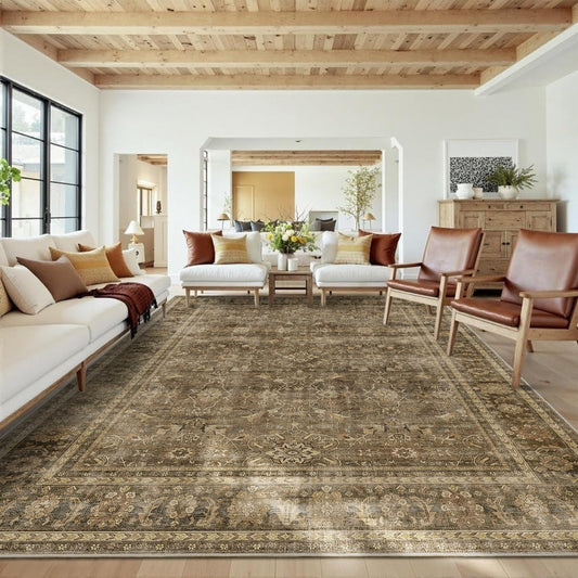 HelloTree Washable Rugs 8x10 Area Rug for Living Room, Vintage Boho Brown Rug Non Slip Carpet Retro Accent Indoor Mat Print Distressed Low Pile Throw Large Rug for Office Dining Room Bedside-Brown