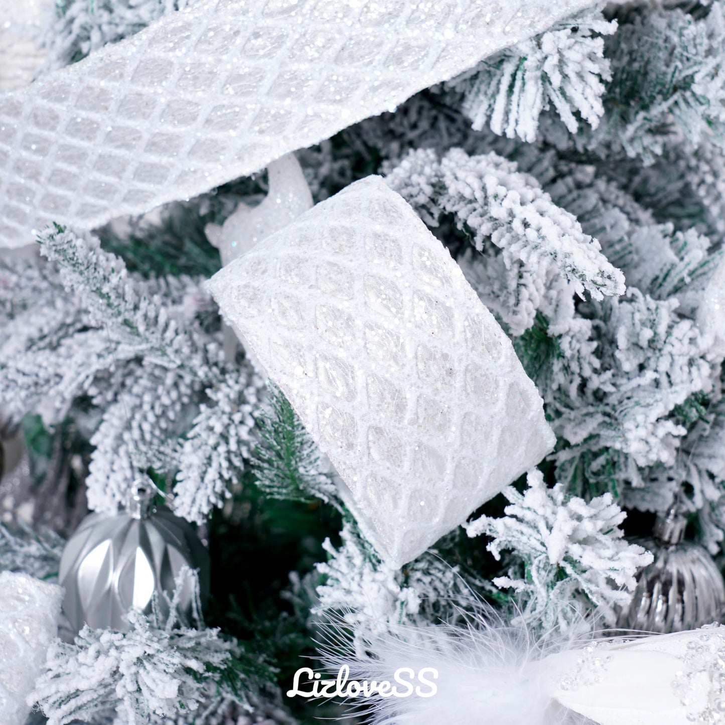 LIZLOVESS White Christmas Ribbon 2.5" Glitter Mesh Wired Ribbon for Christmas Tree White Diamond Honeycomb Ribbon for Gift Wrapping, Crafts, Wreath Supplies, Garland, Tree Topper Bows - 10 Yards