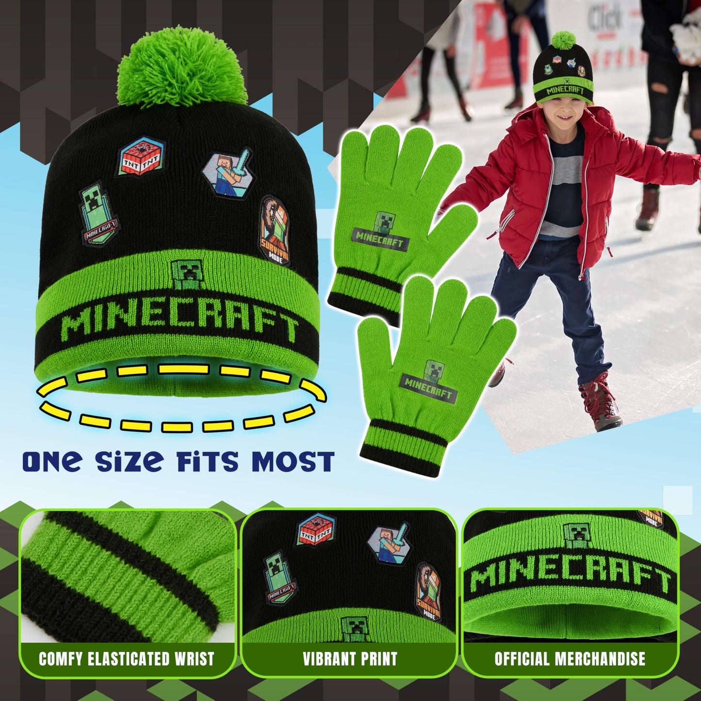 Minecraft Boys Beanie Hat Gloves And Scarf Set, Winter Accessory Set - Boys Gift (One Size, Green/Black Character)