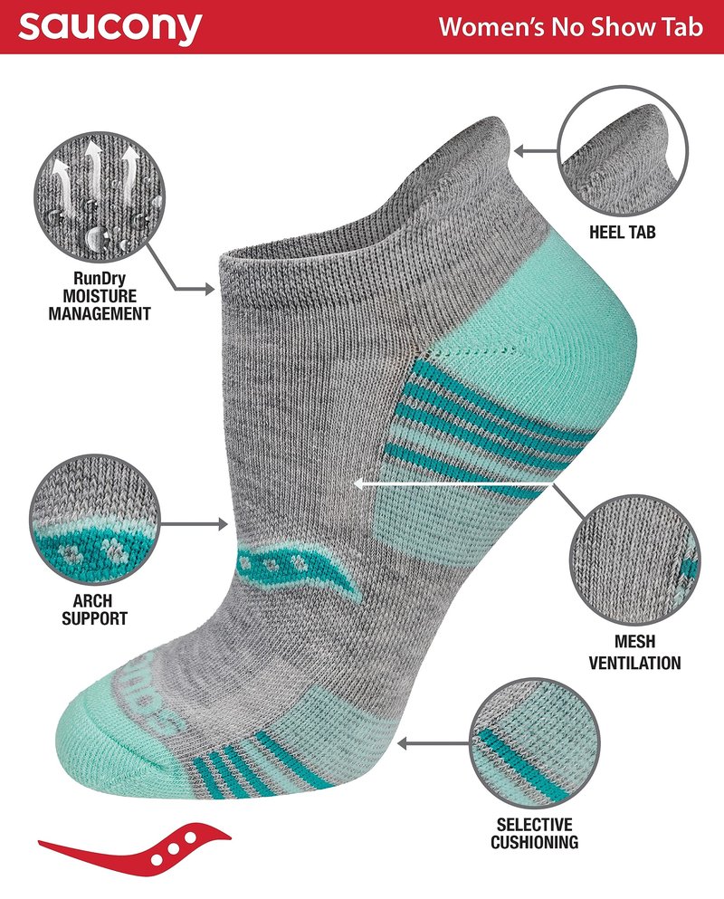 Saucony Women's RunDry Performance 8, 16 Pairs Heel Tab Athletic Socks, S-L, Grey Assorted (16 Pairs), Large