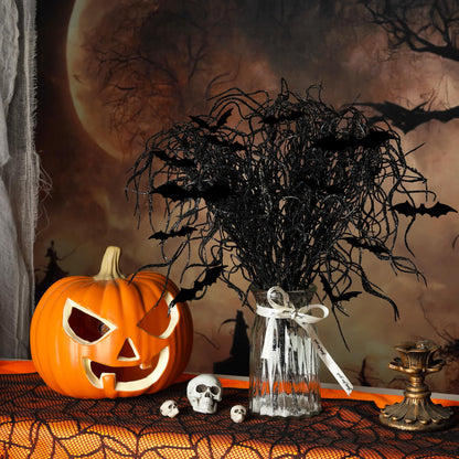 24 Pcs Halloween Artificial Curly Willow Branches with 12 Pcs Bats- Fake Black Bat Halloween Branches Picks- Glitter Artificial Black Twig Stems Sticks for Holiday Tree Vase Home Decor