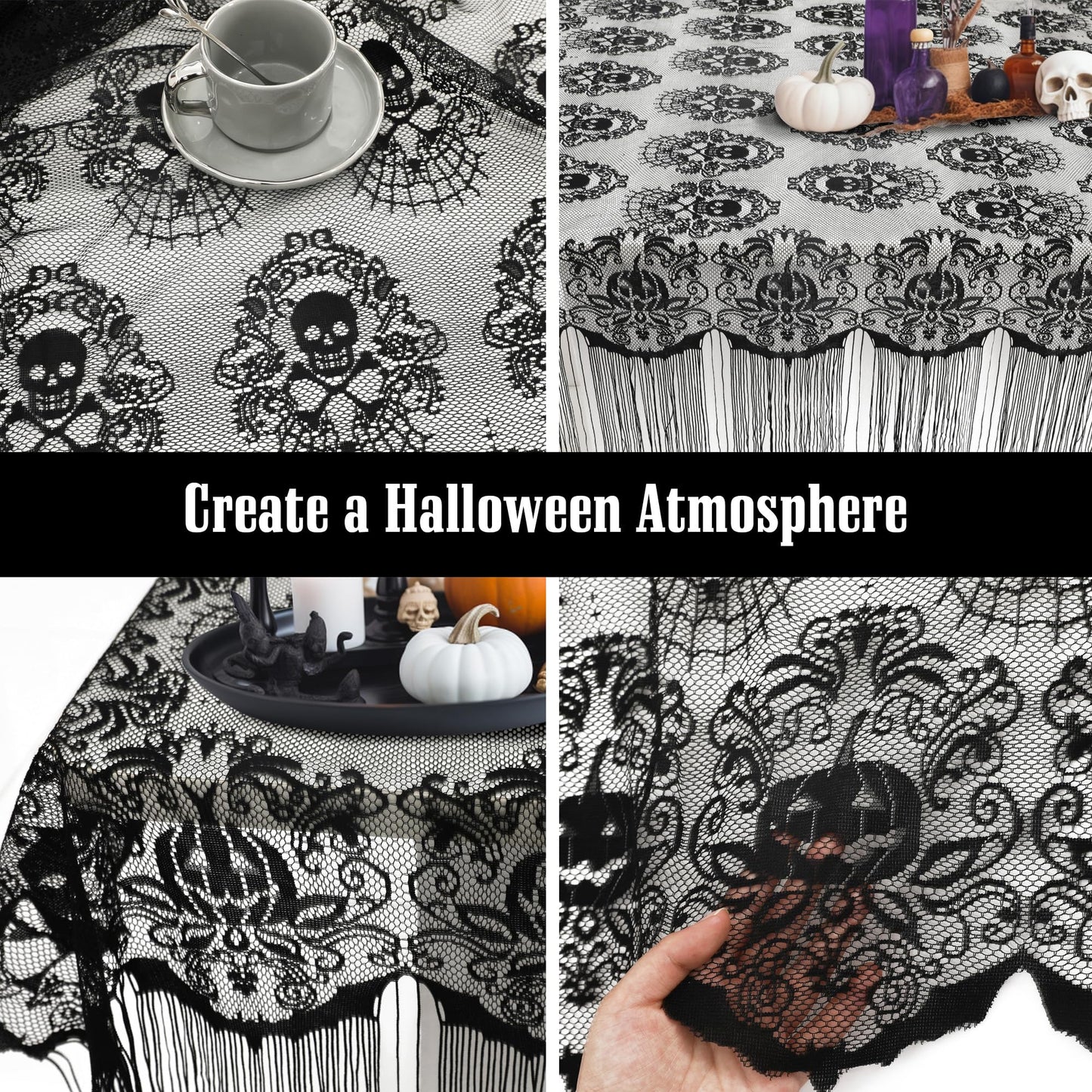 OWENIE Halloween Tablecloth, Skull Lace Fabric Tablecloths with Tassel, Black Pumpkin Table Cloths Table Cover for Rectangle Tables for Parties Gothic Halloween Home Decorations, 52x52 Inch