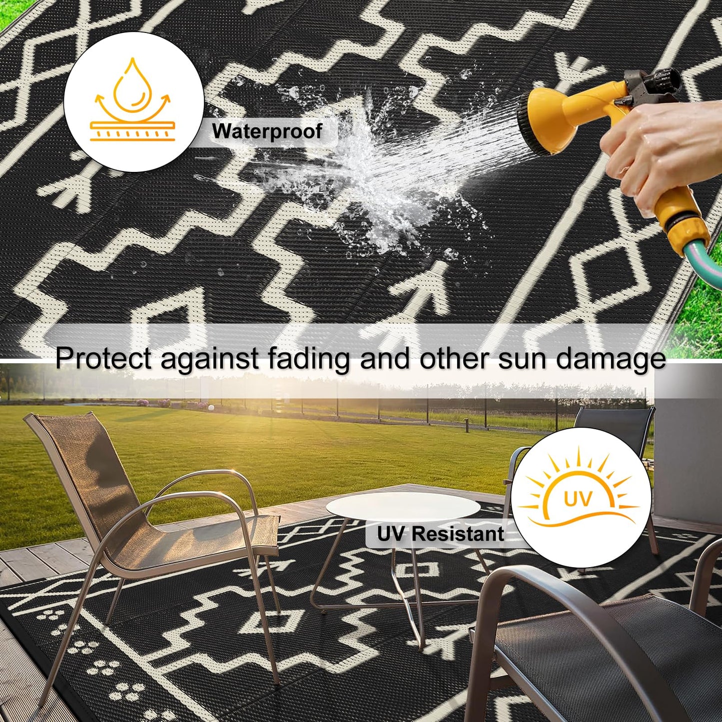 Uphome Outdoor Rug Mat Waterproof 5x8 ft, Reversible Outdoor Plastic Straw Rug, Black Boho Patio Rug, Foldable RV Camping Rug, Indoor Outdoor Area Rug for Backyard Deck Pool Balcony Picnic, 5'x8'