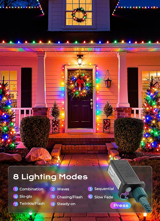 C9 Outdoor Christmas Lights, 33 FT 50 LED C9 String Lights, 8 Modes & Timer Connectable Waterproof for Christmas Tree light Indoor Outdoor Roofline Patio Outside Yard Holiday Xmas Decor, Multicolor