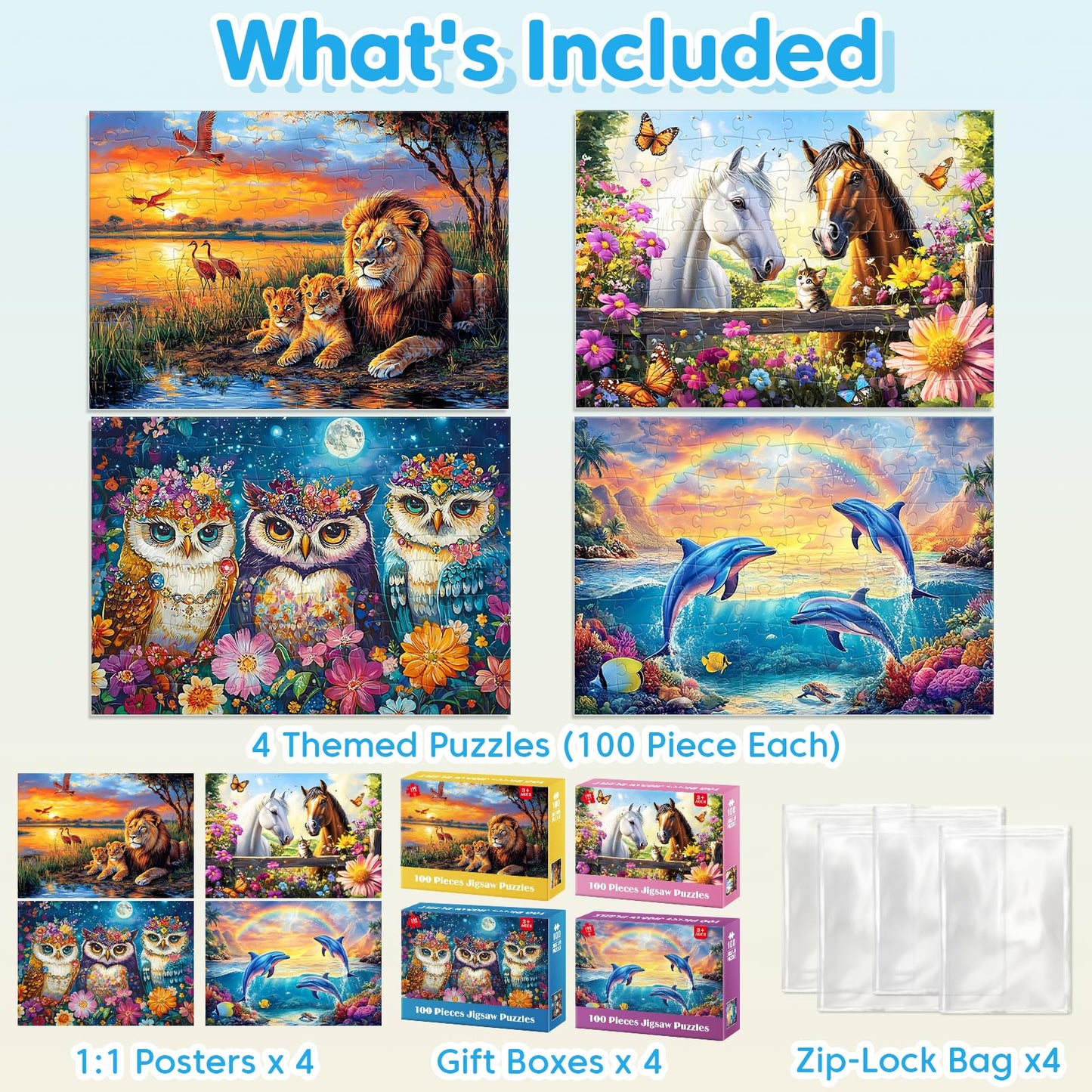 4-Pack Puzzles for Kids Ages 6-8 8-10 Year Old - Lions Horses Owls Dolphins, Large Piece Puzzles for Seniors, 100 Pieces Jigsaw Puzzles for Kids Ages 4-6, Learning Educational Toys for Boys and Girls