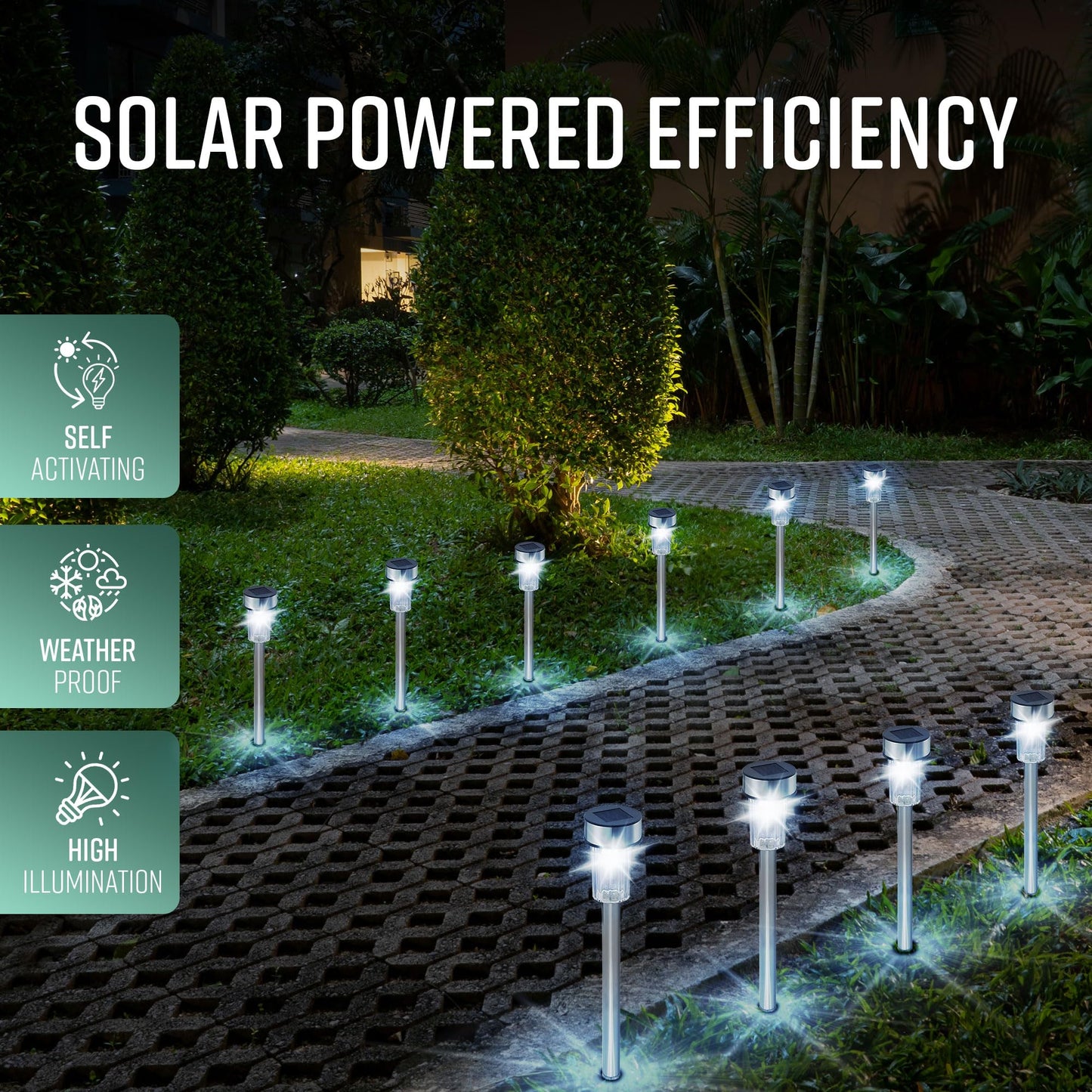 GloBrite Pack of 10 Solar Lights Outdoor Garden – Waterproof Stainless Steel LED Solar Garden Lights with Stake for Pathway, Driveway, Patio, Walkway, Lawn, Yard & Landscape Decoration
