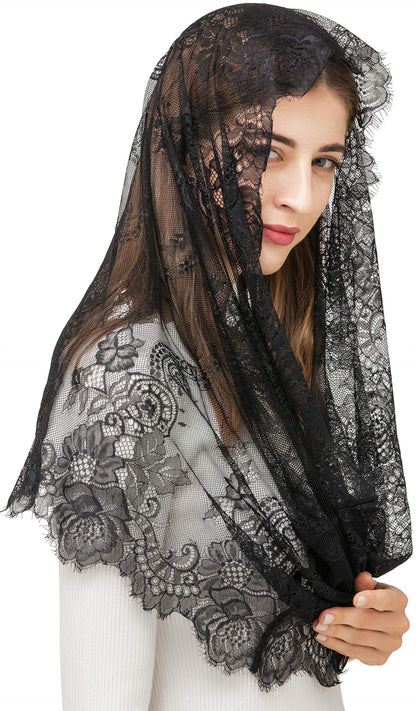 PAMOR Spanish Style Lace Traditional Vintage Inspired Infinity Shape Mantilla Veil Latin Mass Head Covering (Black)