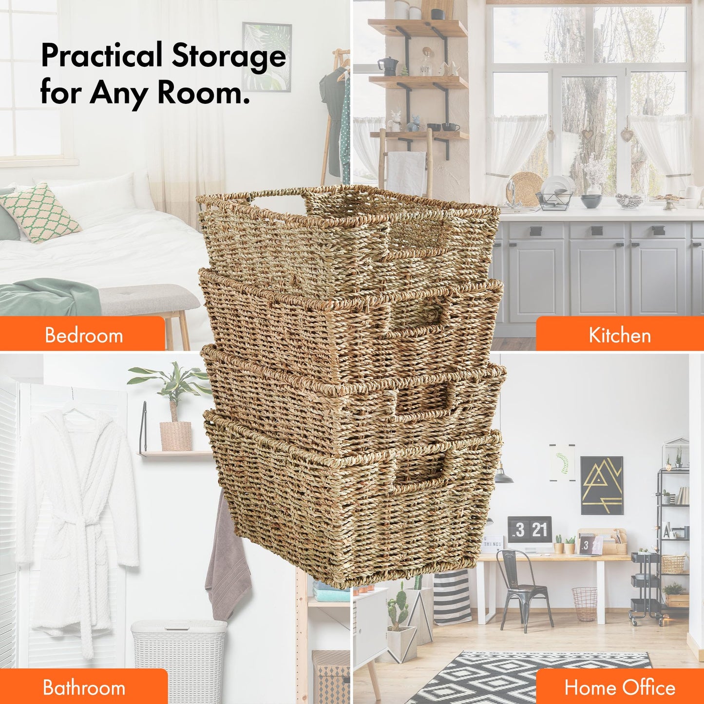 VonHaus Seagrass Storage Baskets, Set of 4 Hand-Woven Display Hampers - Bathroom Storage Baskets for Shelves - Nesting Natural Woven Seagrass Organiser w/Handles for Bedroom & Home Office