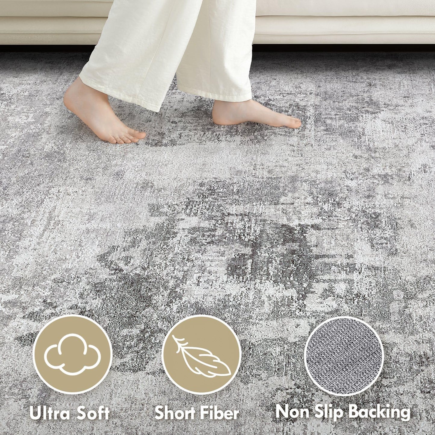 Tortania Washable 10x14 Area Rug for Living Room: Modern Abstract Neutral Large Soft Thin Rugs - Non Slip Indoor Carpet for Bedroom Dining Room Office Nursery Home Floor Decoration - Smoky Gray