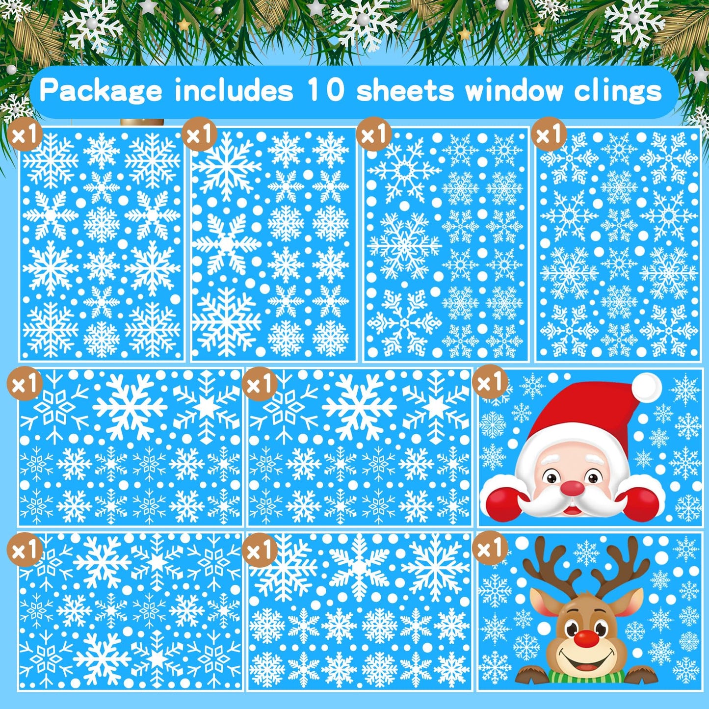 Lansian Christmas Snowflakes Window Clings Decal Stickers, 350PCS+ Xmas Holiday Home Winter Wonderland Decorations Santa Claus Reindeer Ornaments Frozen Party Supplies(10 Sheets)