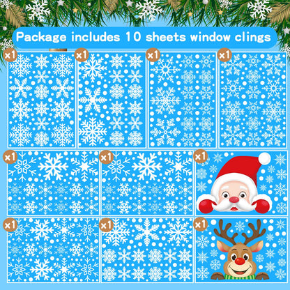 Lansian Christmas Snowflakes Window Clings Decal Stickers, 350PCS+ Xmas Holiday Home Winter Wonderland Decorations Santa Claus Reindeer Ornaments Frozen Party Supplies(10 Sheets)