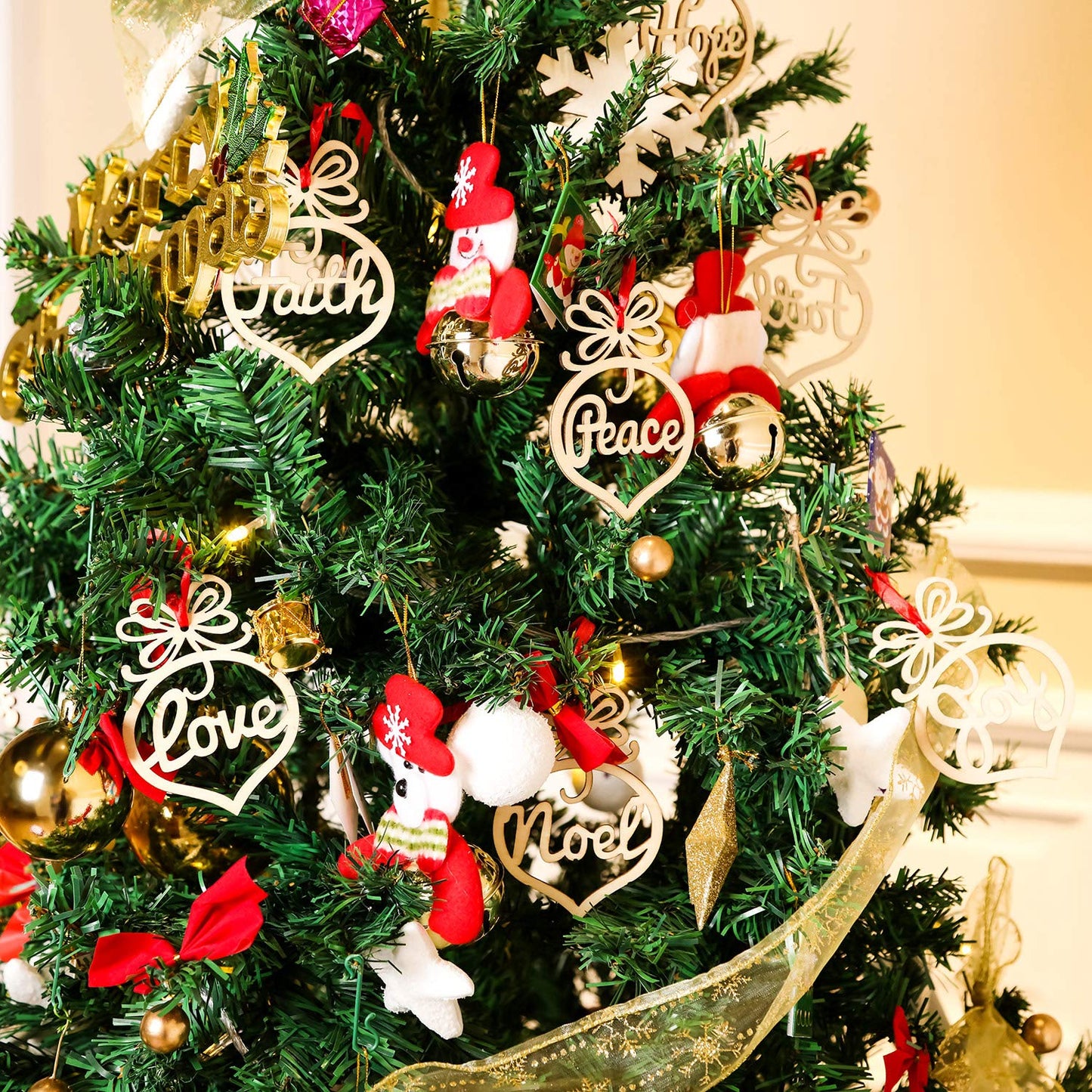 Bememo 30 Pcs Christmas Ornaments Bulk Wooden Christmas Tree Decorations Hanging Faith Hope Rustic Religious Christian Hollow Ornaments for Gifts Xmas Party Decorations Craft