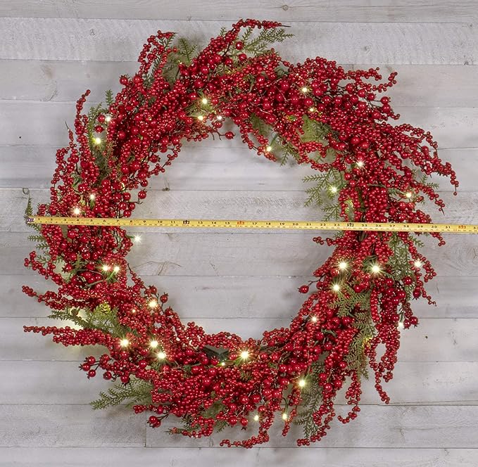 Red Co. 30” Light-Up Christmas Wreath with Red Cranberries, Battery-Operated LED Lights with Timer