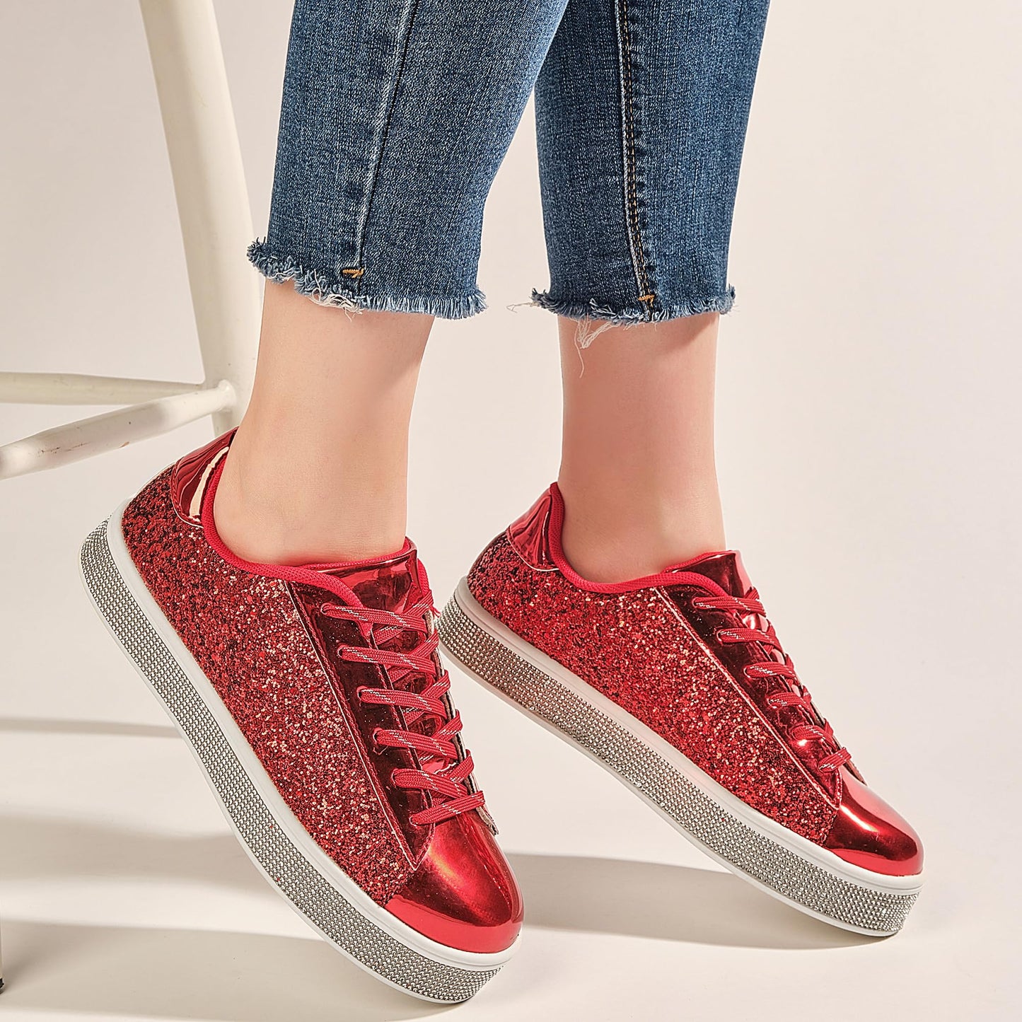 UUBARIS Women's Glitter Tennis Sneakers Neon Dressy Sparkly Sneakers Rhinestone Bling Wedding Bridal Shoes Shiny Sequin Shoes Red Size 6