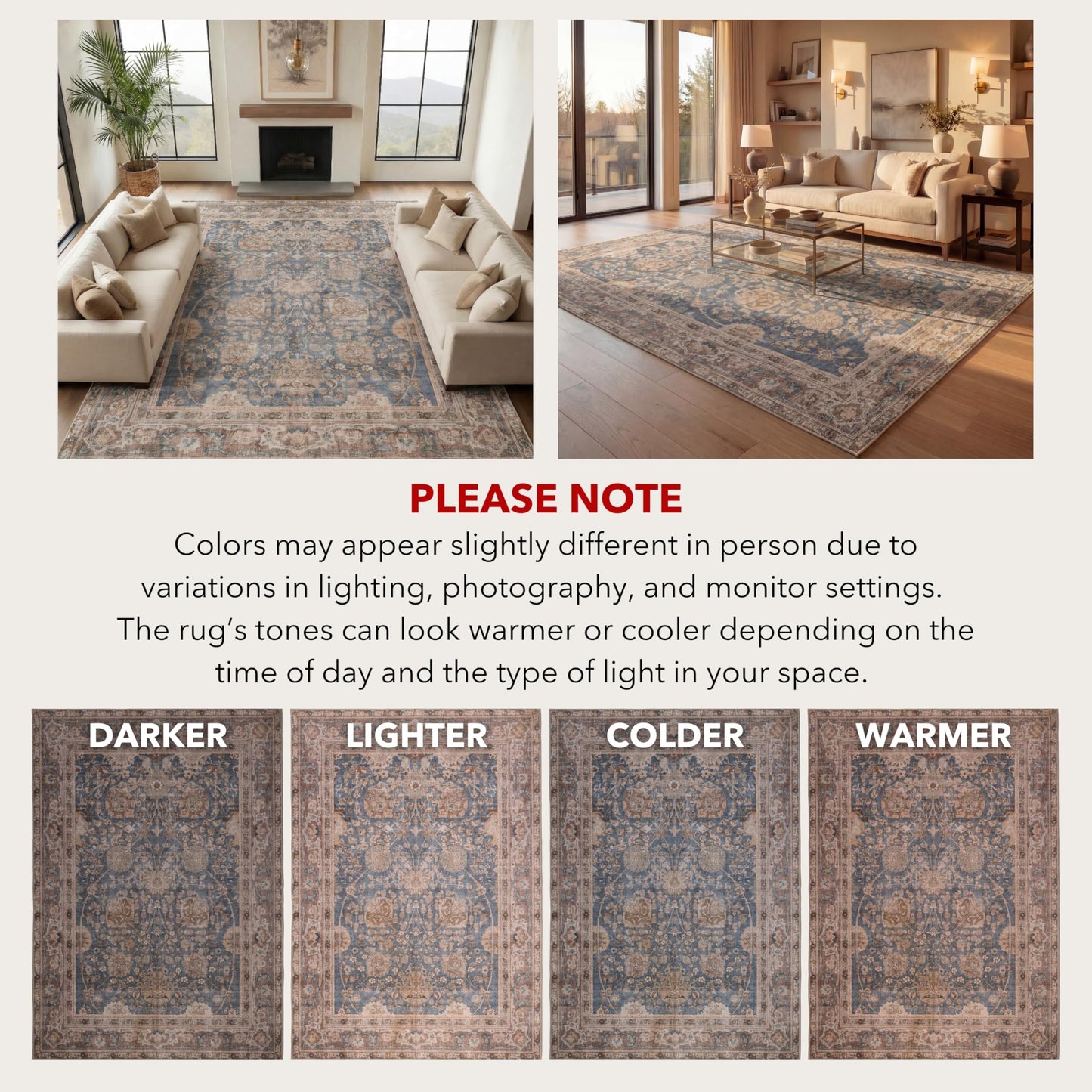 Kuden 9x12 Large Area Rug, Machine Washable Area Rug with Non-Slip Backing, Vintage Style, Soft, Easy Clean, Low Pile Rug for Living Room, Bedroom, Dining Room