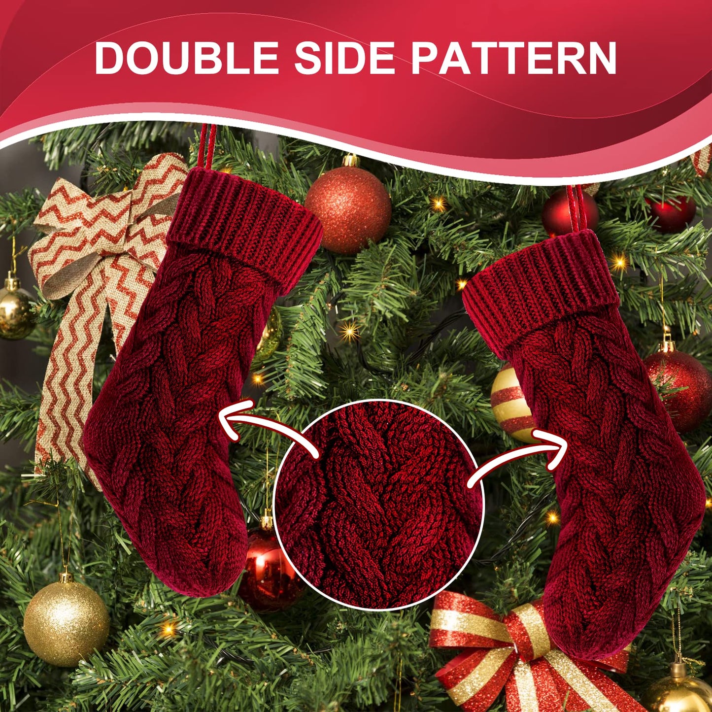 Kunyida 18 Inches Burgundy, Ivory, Green Knitted Christmas Stockings,3 Pack