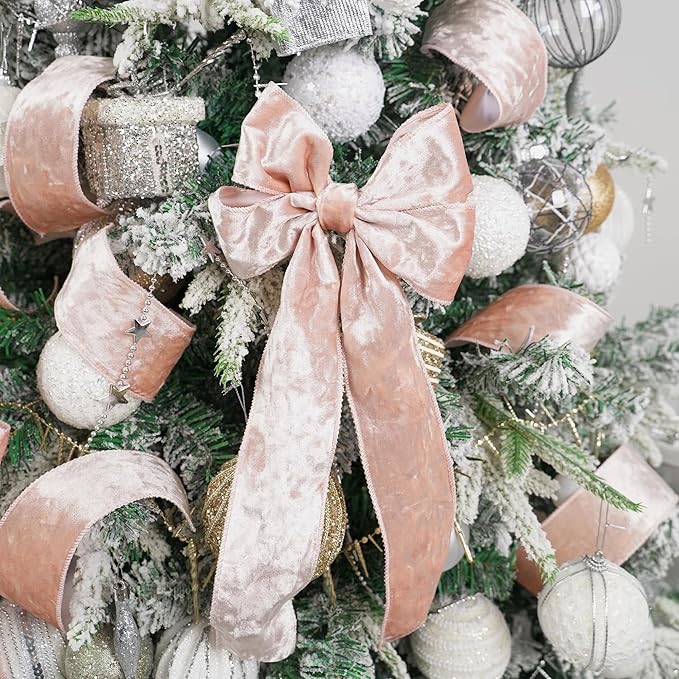 MEEDEE Rose Gold Velvet Wired Ribbon 2.5 Inch - 10 Yards Crushed Velvet for Christmas Tree Decoration, Wreath Supplies, Crafts Bow