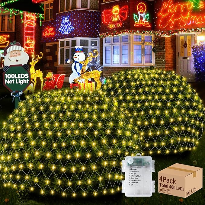 Hezbjiti Pack of 4 Battery Operated Christmas Lights Outdoor Total 400 LED 5FT x 3.3FT Waterproof Timed Memory Net Mesh Lights for Xmas Trees Bushes Garden Yard Lawn Patio Christmas Decor (Warm White)