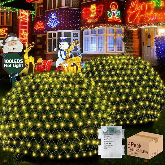 Hezbjiti Pack of 4 Battery Operated Christmas Lights Outdoor Total 400 LED 5FT x 3.3FT Waterproof Timed Memory Net Mesh Lights for Xmas Trees Bushes Garden Yard Lawn Patio Christmas Decor (Warm White)