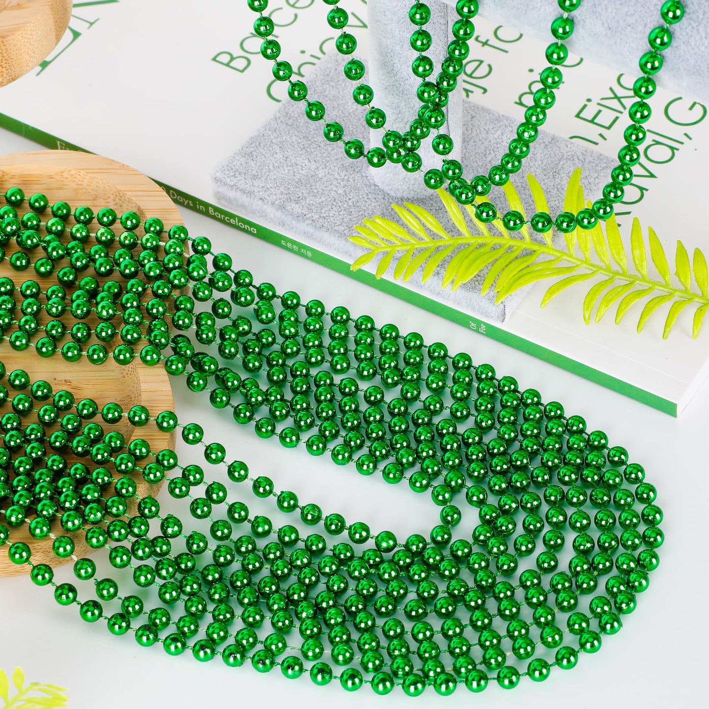 100PCS St Patricks Day Accessories, Green St. Patricks Day Beads Necklace, 33" Round Beads Irish Saint Patricks Necklaces Costume Bulk, Parade Throw Accessories for Wedding Birthday St. Patricks Decor