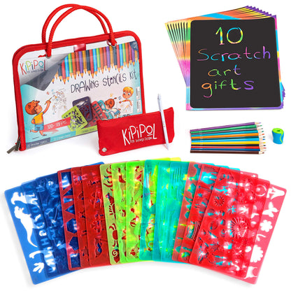 Kipipol 63 Pcs Drawing Stencils for Kids Ages 4-8 - 8-12 and Up - Arts and Crafts for Girls and Boys - Kids Drawing kit - Arts Set- 15 Art Stencils, 260+ Designs -Scratch Art- Creativity Gifts & Toys