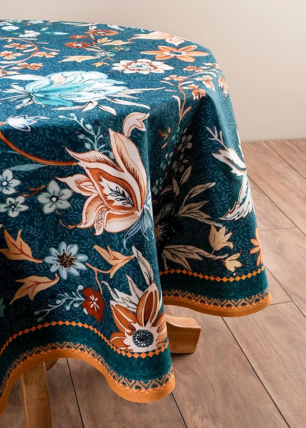 Maison d' Hermine Table Cloth Round Table 100% Cotton 63 Inches Fall Tablecloth Reusable Everyday Use for Thanksgiving Christmas Decorations Dining Farmhouse Party (Luxury Loft - Dark Teal)