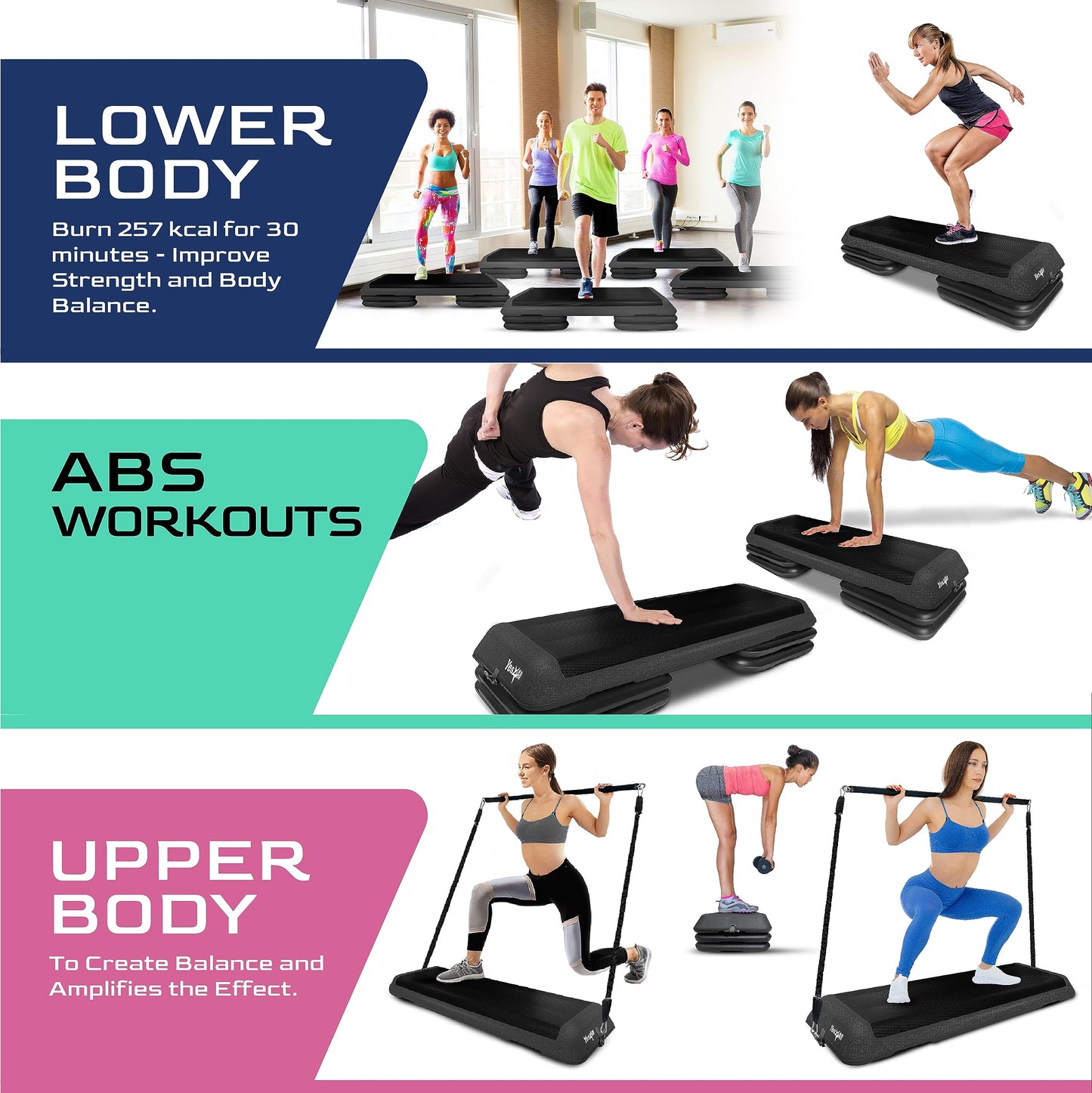 Yes4All Adjustable Workout Aerobic Exercise Step Platform Health Club Size with 4 Adjustable Risers Included and Advanced Risers Options - Black