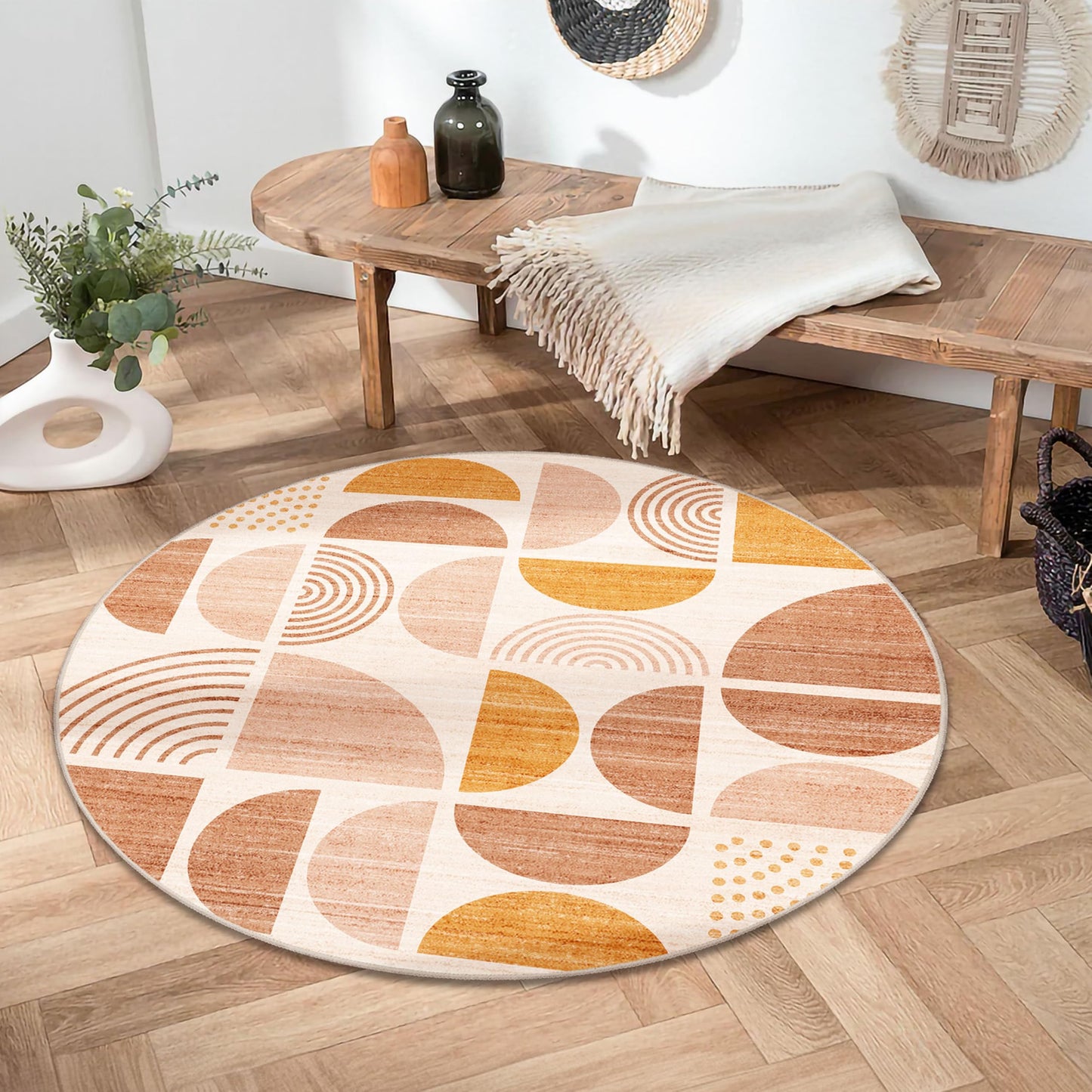 MUJOO Round Rug 4ft Small Circle Area Rug Washable Non Slip Modern Abstract