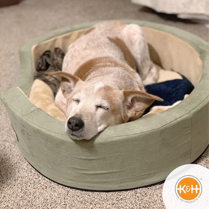 K&H Pet Products Heated Dog Bed Indoor, Thermo-Snuggly Sleeper with Removable Waterproof Heated Pad, Calming Pillow Pet Bed, Machine Washable, Safety Listed - Medium 26 X 20in Sage/Tan