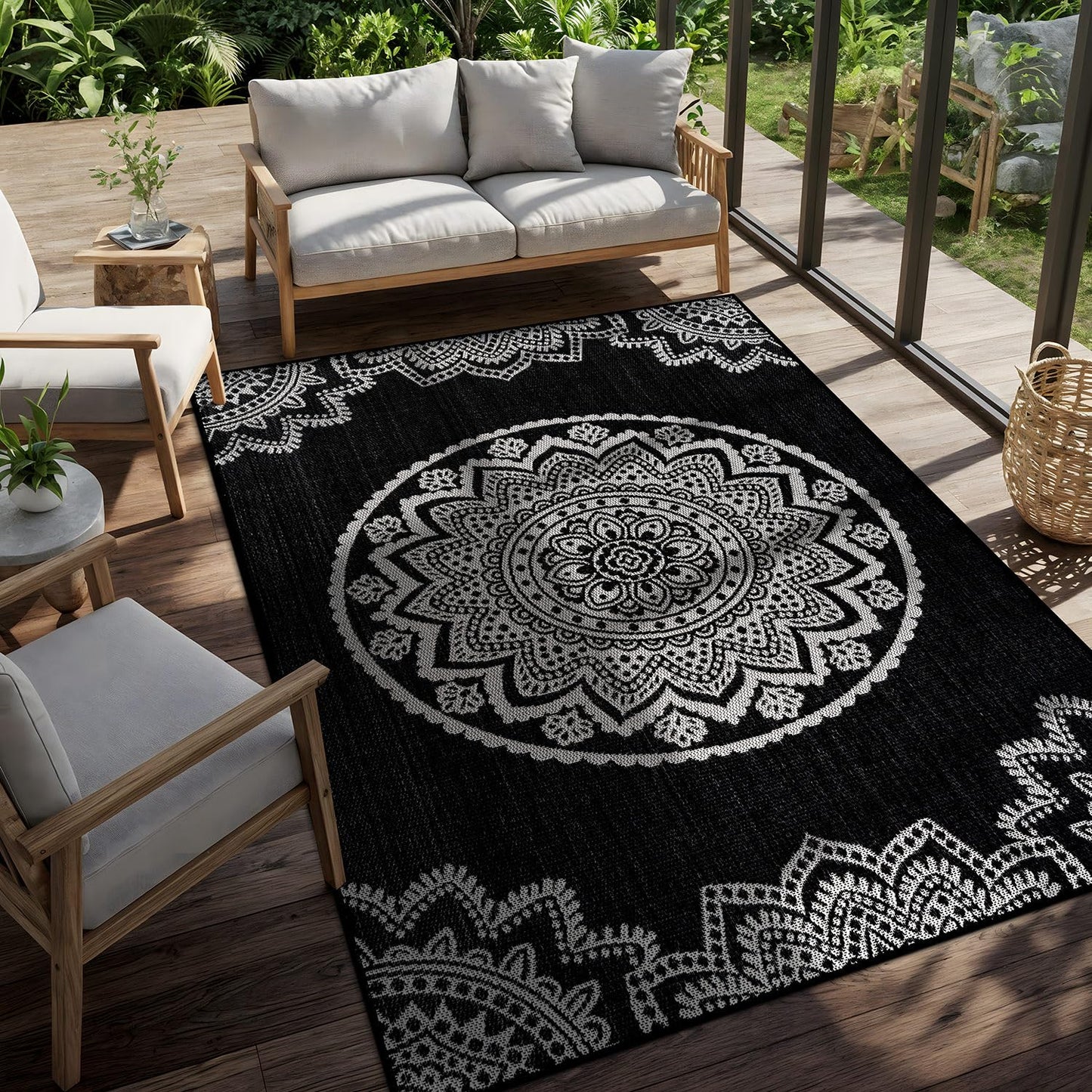 CAMILSON Outdoor Rug 10x14 Modern Large Area Rugs for Indoor and Outdoor Patios and Porches - Washable Non-Shedding Easy-to-Clean Outside Carpet (10 x 14 Medallion - Black/White)