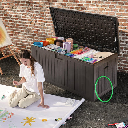 DWVO 150 Gallon Double-Wall Deck Box, XL Large Resin Outdoor Storage Box, Lockable & Waterproof, Double as Seating, 1000lbs Capacity (Brown)