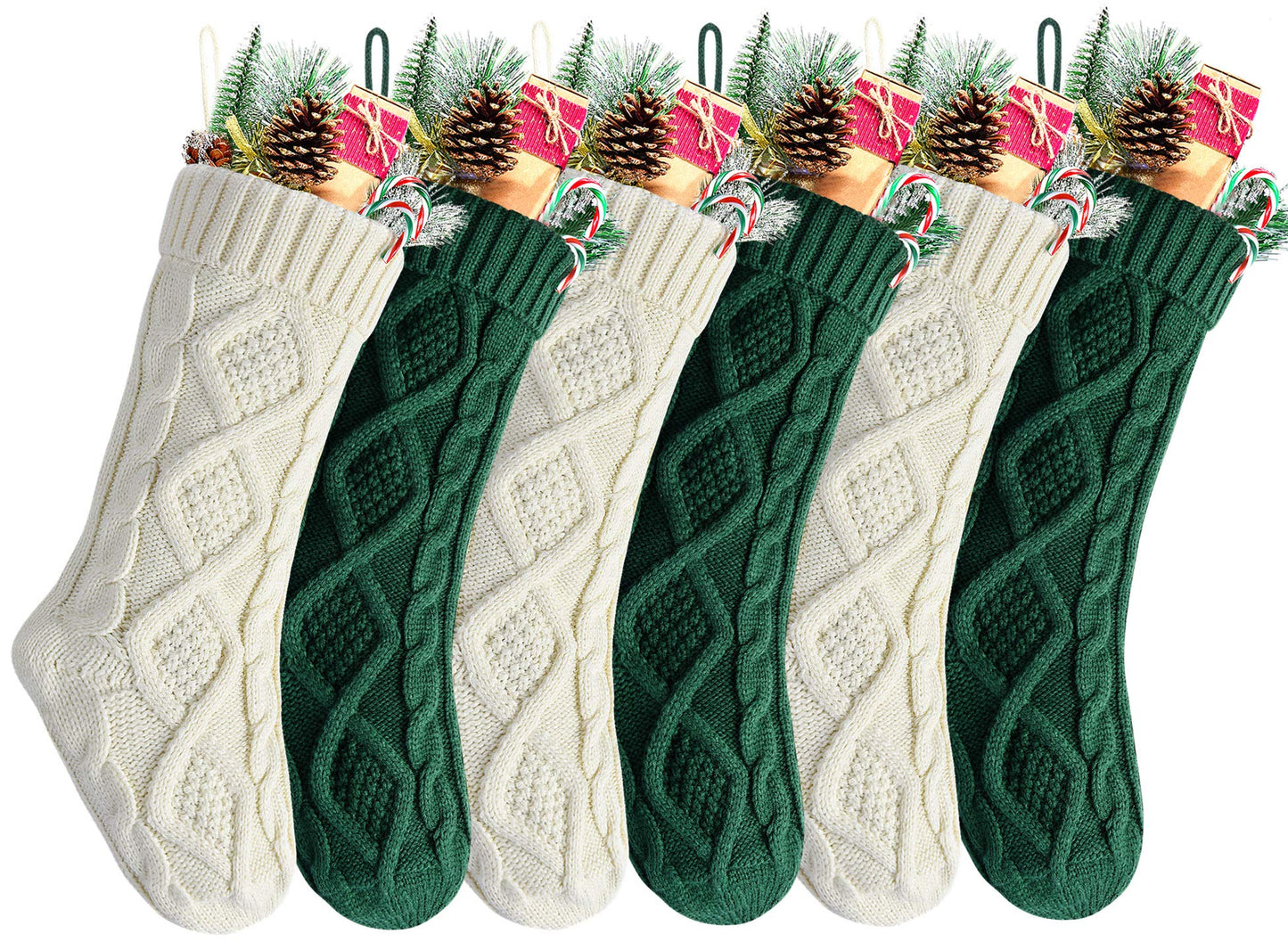 Kunyida 18" Green and Ivory Knit Christmas Stockings for Fireplace Holiday Decor,6 Pack