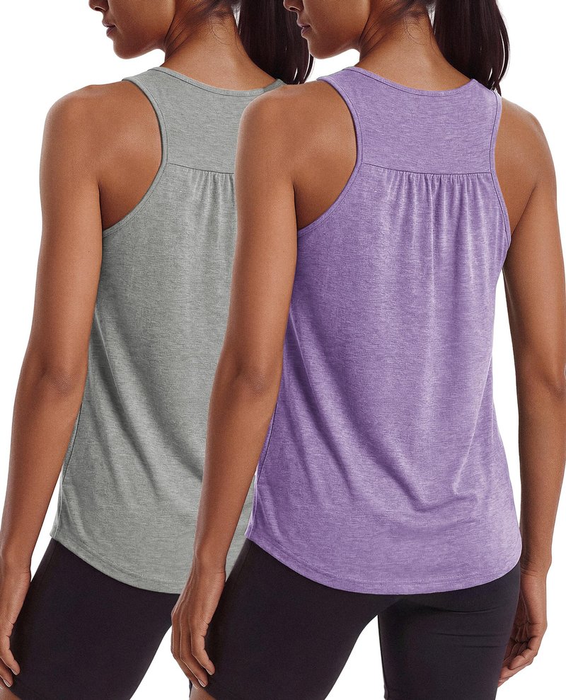 PINSPARK Womens Workout Tops Racerback Loose Fit Athletic Running Summer Tank Top Sleeveless Lightweight Yoga Pilates Fitness Clothing,Light Grey/Light Purple L