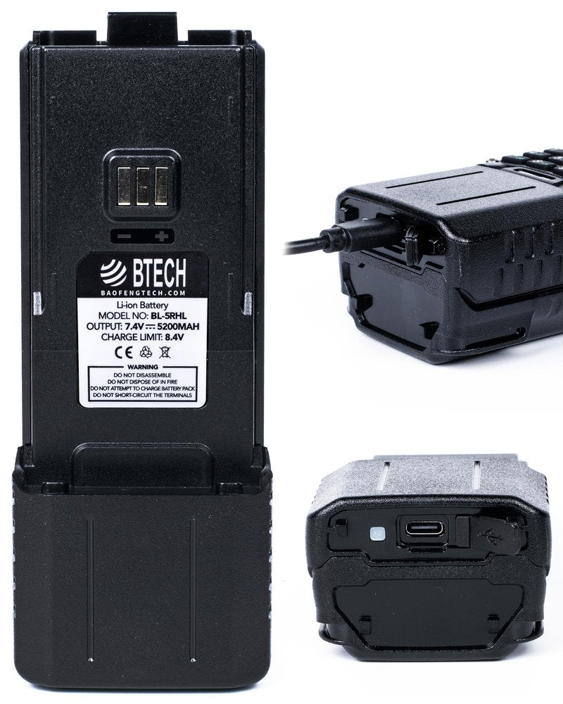 BTECH BL-5RHL 5200mAh USB-C Charging Li-ion Battery Pack, OEM Original Capacity Battery for BaoFeng BF-F8HP PRO and BL-5RH Series Radios