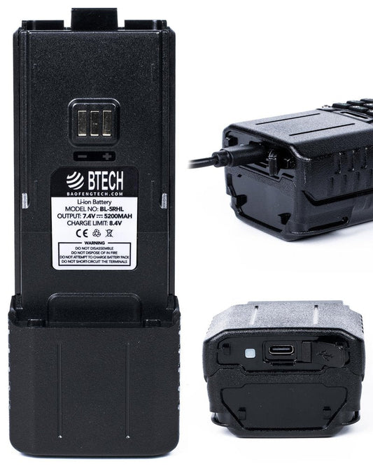 BTECH BL-5RHL 5200mAh USB-C Charging Li-ion Battery Pack, OEM Original Capacity Battery for BaoFeng BF-F8HP PRO and BL-5RH Series Radios
