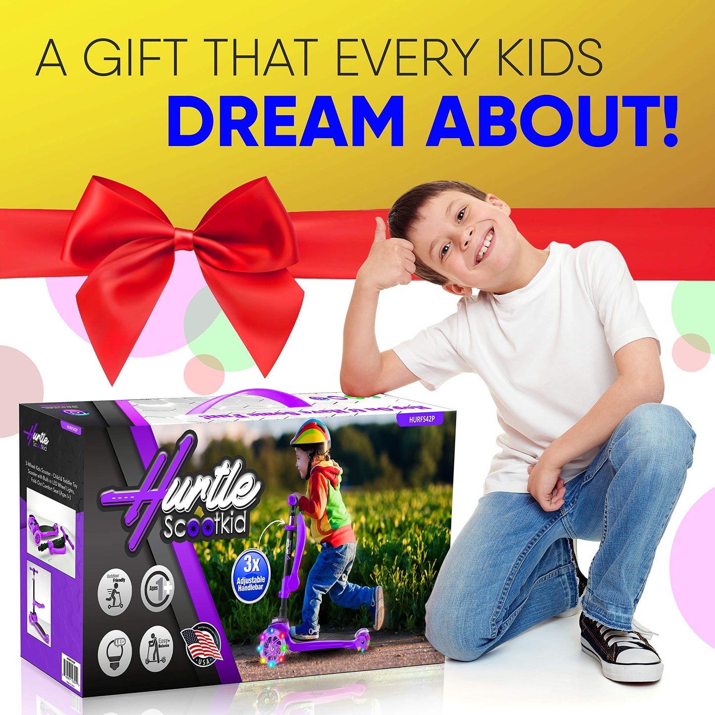 Hurtle Kids Scooter - Child Toddler Kick Scooter Toy with Foldable Seat - 3 Wheel Scooter with Adjustable Height, Anti-Slip Deck, Flashing Wheel Lights, for Boys/Girls 1-12 Year Old, Purple